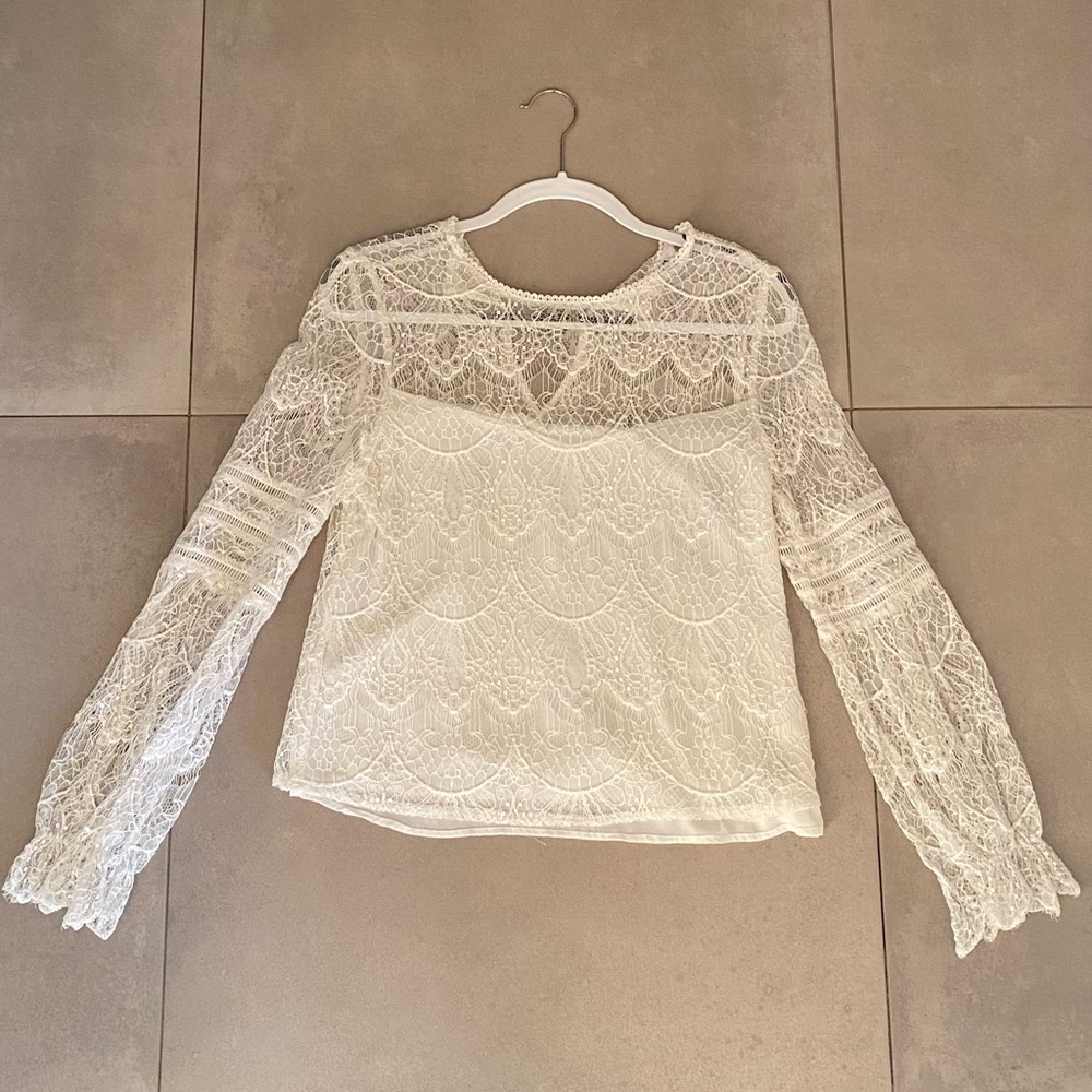 Revolve Elegant Lace Long Sleeve Top - White